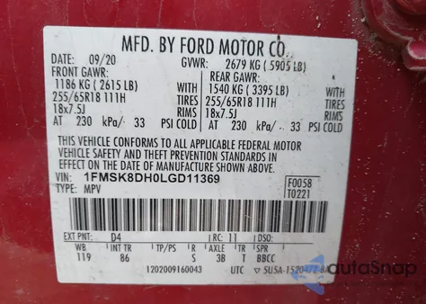 2020 Ford Explorer Xlt z USA, uszkodzony, nr VIN 1FMSK8DH0LGD11369